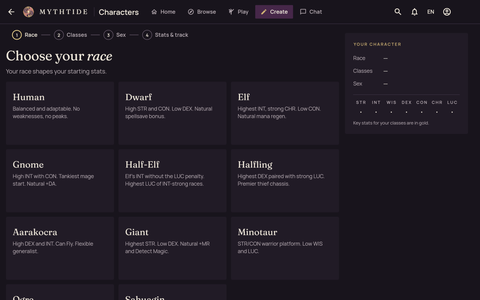 Character creation: the race cards, with Elf chosen