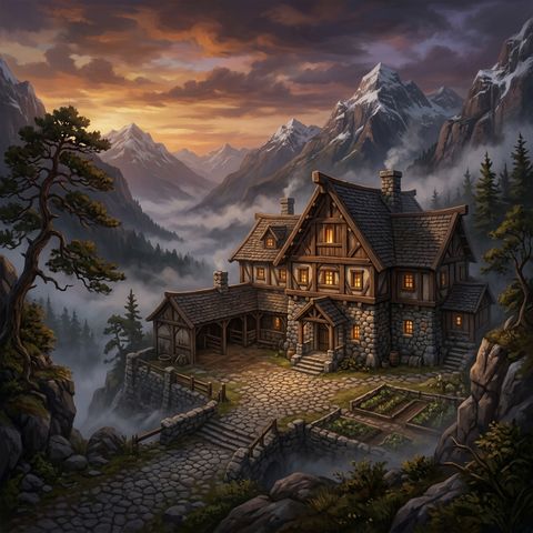An illustrated inn at dusk, warm light in its windows
